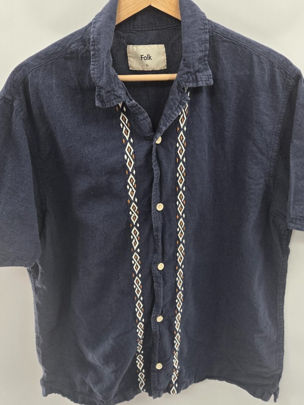 Folk Navy Blue Cotton Linen Embroidered Short Sleeved Button Down Shirt Size XL